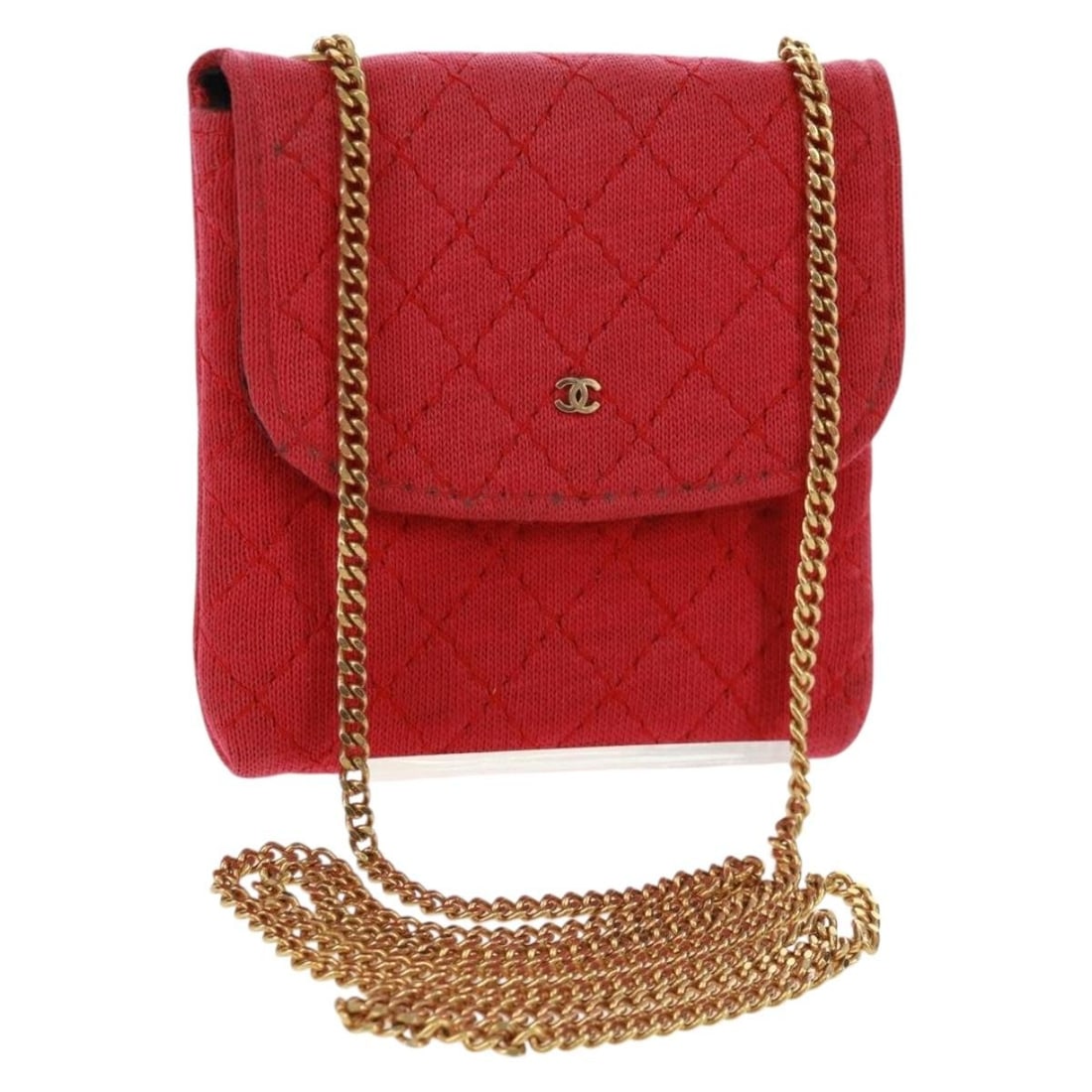 Chanel Mini Matelasse Red Cotton Chain Pouch with Gold CC Logo: Chanel Mini Matelasse Red Cotton Chain Pouch with Gold CC Logo This CHANEL Mini Matelasse Chain Pouch features a red and gold cotton exterior with the iconic CC logo. The pouch measures approximately 