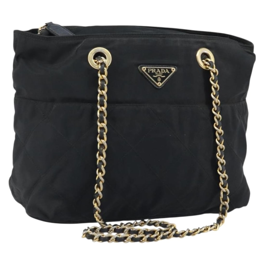 PRADA Nylon Shoulder Bag Black and Gold Chain Strap: PRADA Nylon Shoulder Bag Black and Gold Chain Strap Authentic Prada chain shoulder bag in nylon with a gold and black exterior. This women's shoulder bag was made in Italy and includes only the item s