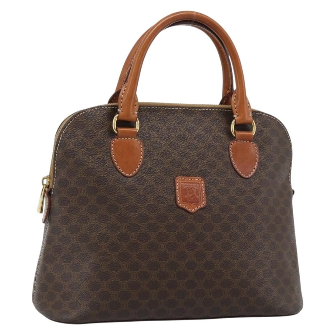 Celine Macadam Brown PVC Leather Handbag Gold Tone Hardware: Celine Macadam Brown PVC Leather Handbag Gold Tone Hardware Brown and gold CELINE handbag made from PVC leather and Macadam canvas. Made in Italy, this bag measures approximately W28 cm x H24 cm x D13