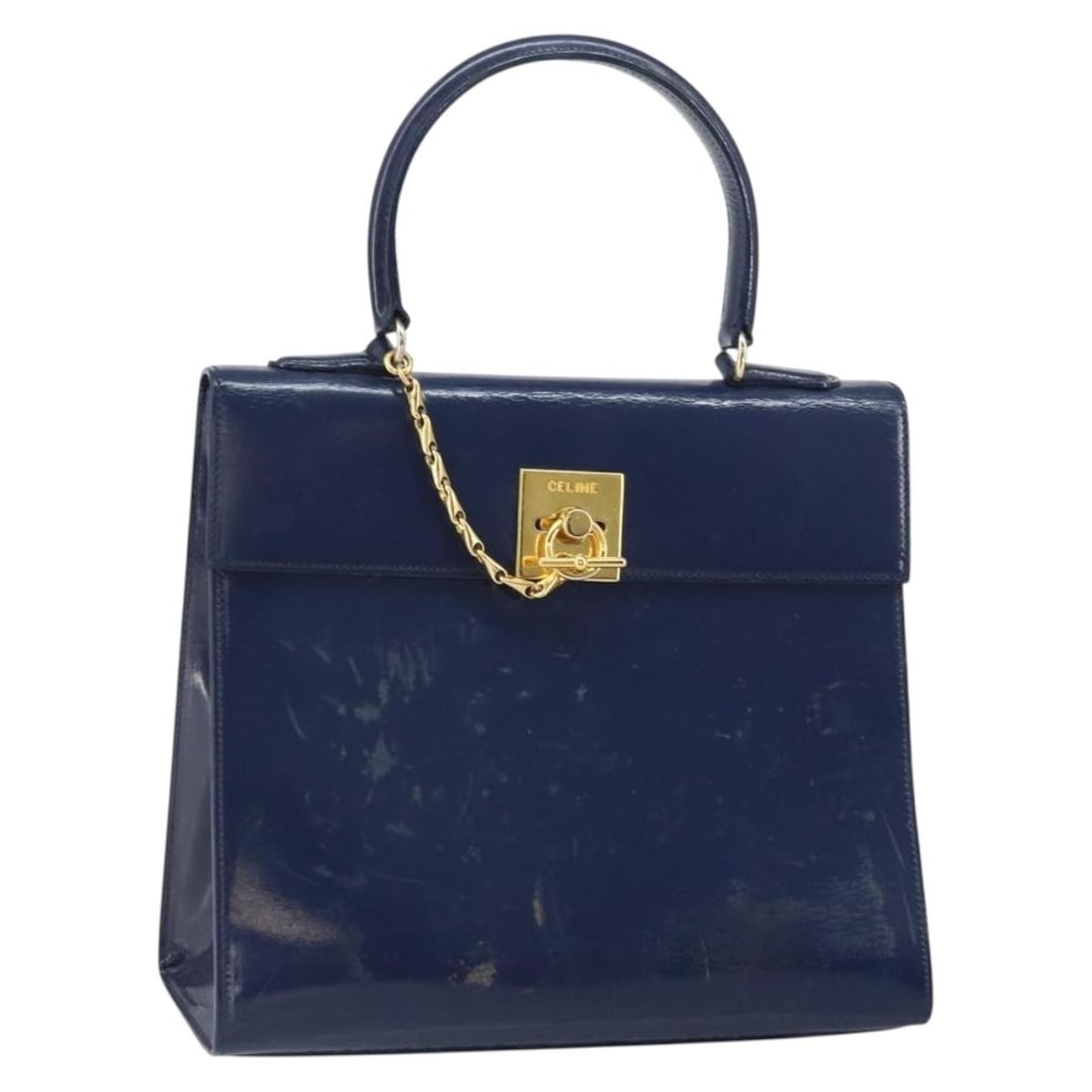 CELINE Navy Leather Hand Bag Gold Tone Italy: CELINE Navy Leather Hand Bag Gold Tone Italy CELINE hand bag in navy and gold leather, made in Italy. The bag measures approximately 27 cm W x 25 cm H x 12 cm D, with a handle drop of approximately 12