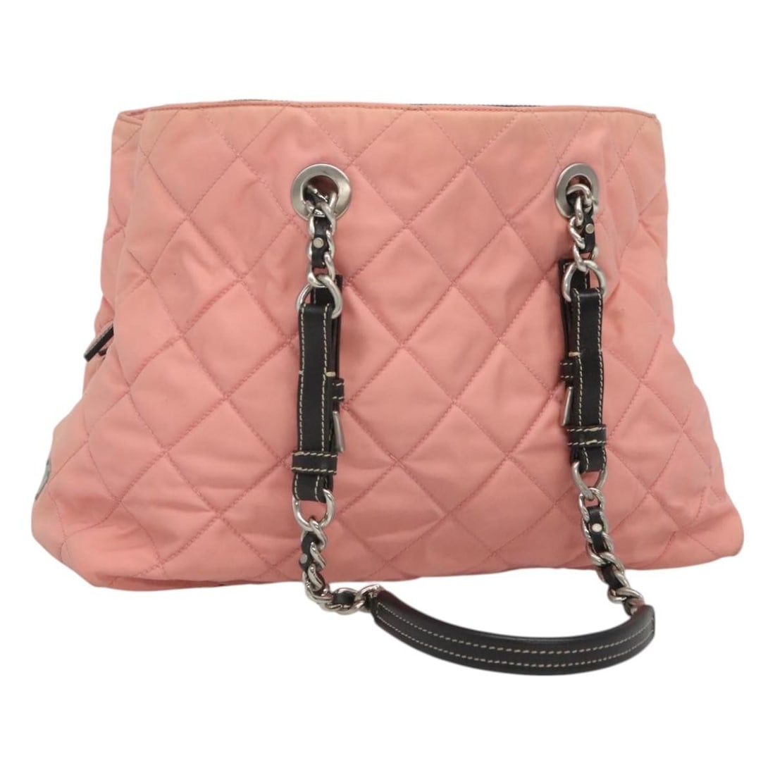 PRADA Pink Nylon Shoulder Bag with Silver Chain Strap: PRADA Pink Nylon Shoulder Bag with Silver Chain Strap Prada shoulder bag in pink nylon with silver-tone chain detailing. Made in Italy, this women's bag includes only the item shown and does not come 