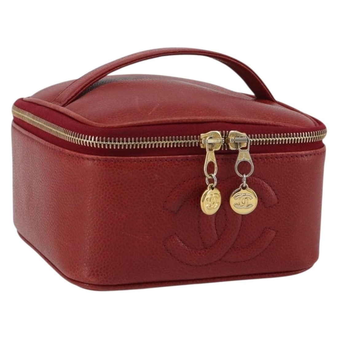 CHANEL Coco Mark Red Caviar Skin Vanity Hand Bag: CHANEL Coco Mark Red Caviar Skin Vanity Hand Bag CHANEL vanity hand bag in red and gold caviar skin, made in Italy. The bag has a grained calf skin look as stated in the title, with a compact structur