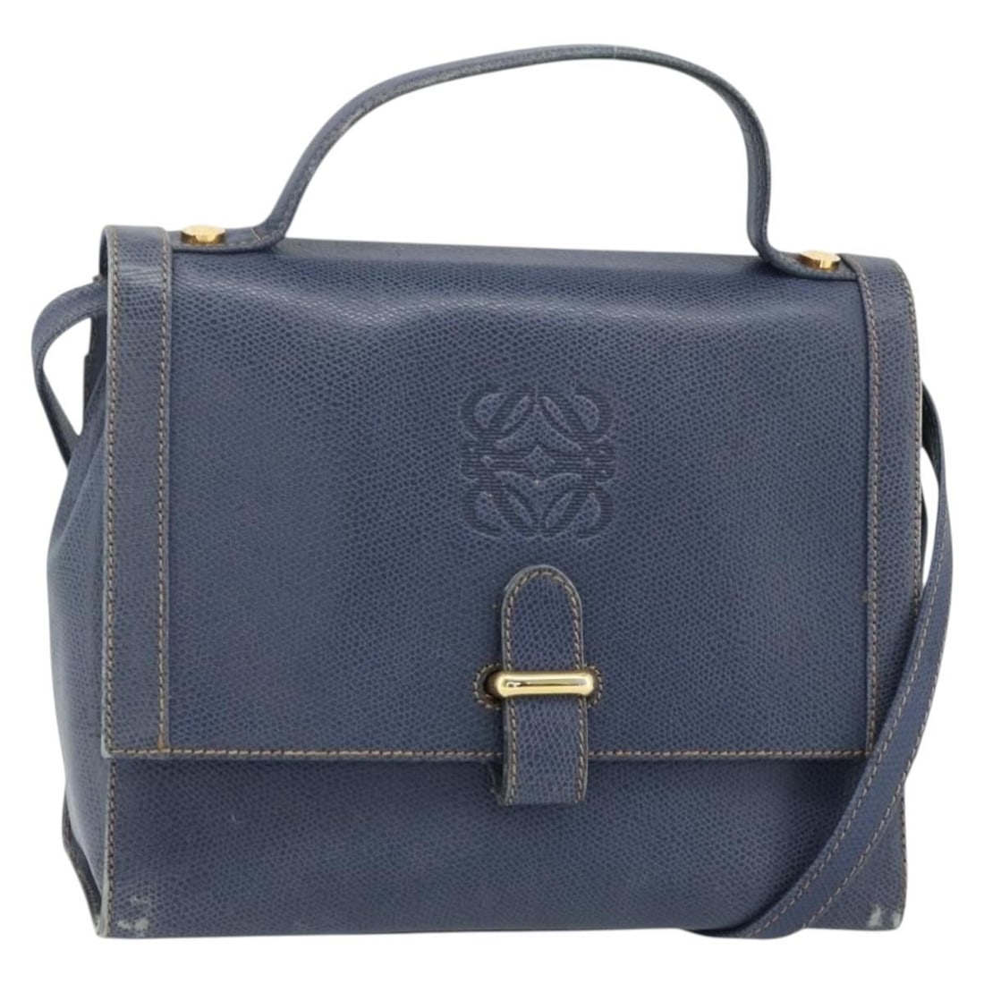 LOEWE Leather 2way Handbag Navy with Shoulder Strap: LOEWE Leather 2way Handbag Navy with Shoulder Strap LOEWE 2-way hand bag in leather with a navy and gold exterior. It includes a shoulder strap and is made in Spain. The bag is a women's style with ap