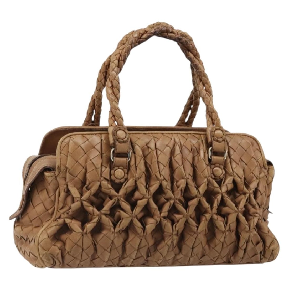 Bottega Veneta Intrecciato Brown Leather Handbag with Dust Bag: Bottega Veneta Intrecciato Brown Leather Handbag with Dust Bag Bottega Veneta Intrecciato leather hand bag in brown with silver-tone accents. Made in Italy, this women's bag includes a dust bag. Condi
