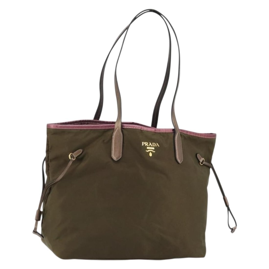 Prada khaki nylon women s tote bag Italy gold trim: Prada khaki nylon women s tote bag Italy gold trim This PRADA tote bag is crafted from khaki and gold nylon, offering a stylish and practical accessory for everyday use. Designed for women, the bag fe