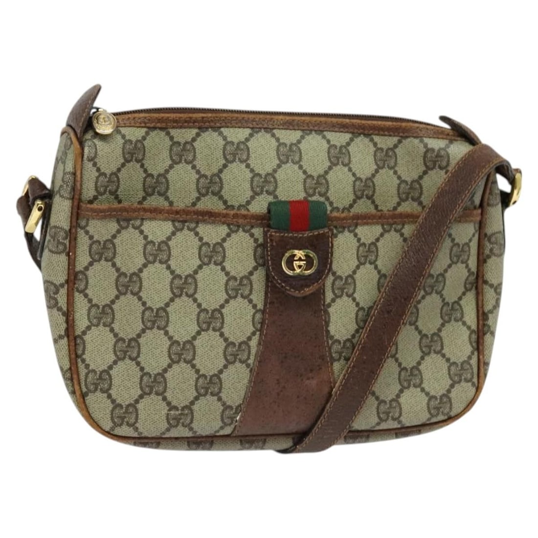 Gucci GG Canvas Beige Gold Sherry Web Shoulder Bag Italy: Gucci GG Canvas Beige Gold Sherry Web Shoulder Bag Italy This is a Gucci GG Supreme Web Sherry Line shoulder bag crafted from GG canvas in a beige and gold colorway. Designed for women, the bag featur