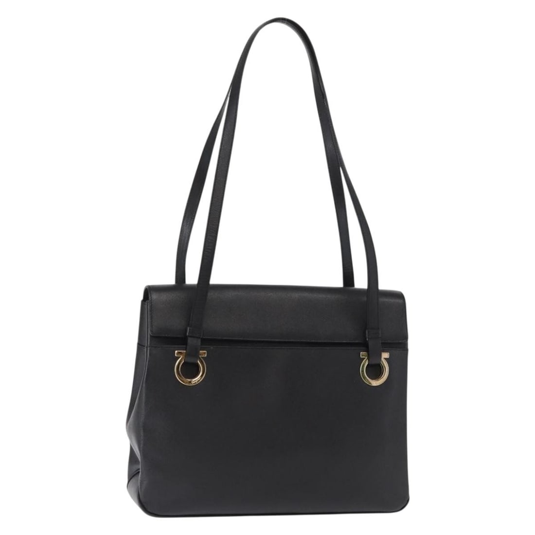 Black Leather Gancini Tote by Salvatore Ferragamo with Gold Accents: Black Leather Gancini Tote by Salvatore Ferragamo with Gold Accents This Salvatore Ferragamo Gancini tote bag features a black leather exterior with gold-tone accents. Designed with a spacious interio