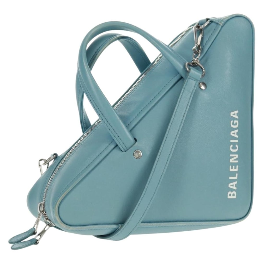 Light Blue Balenciaga Triangle S Leather Convertible Handbag with Strap: Light Blue Balenciaga Triangle S Leather Convertible Handbag with Strap This Balenciaga Triangle S handbag features a distinctive light blue leather exterior with silver-tone accents. Designed for ver