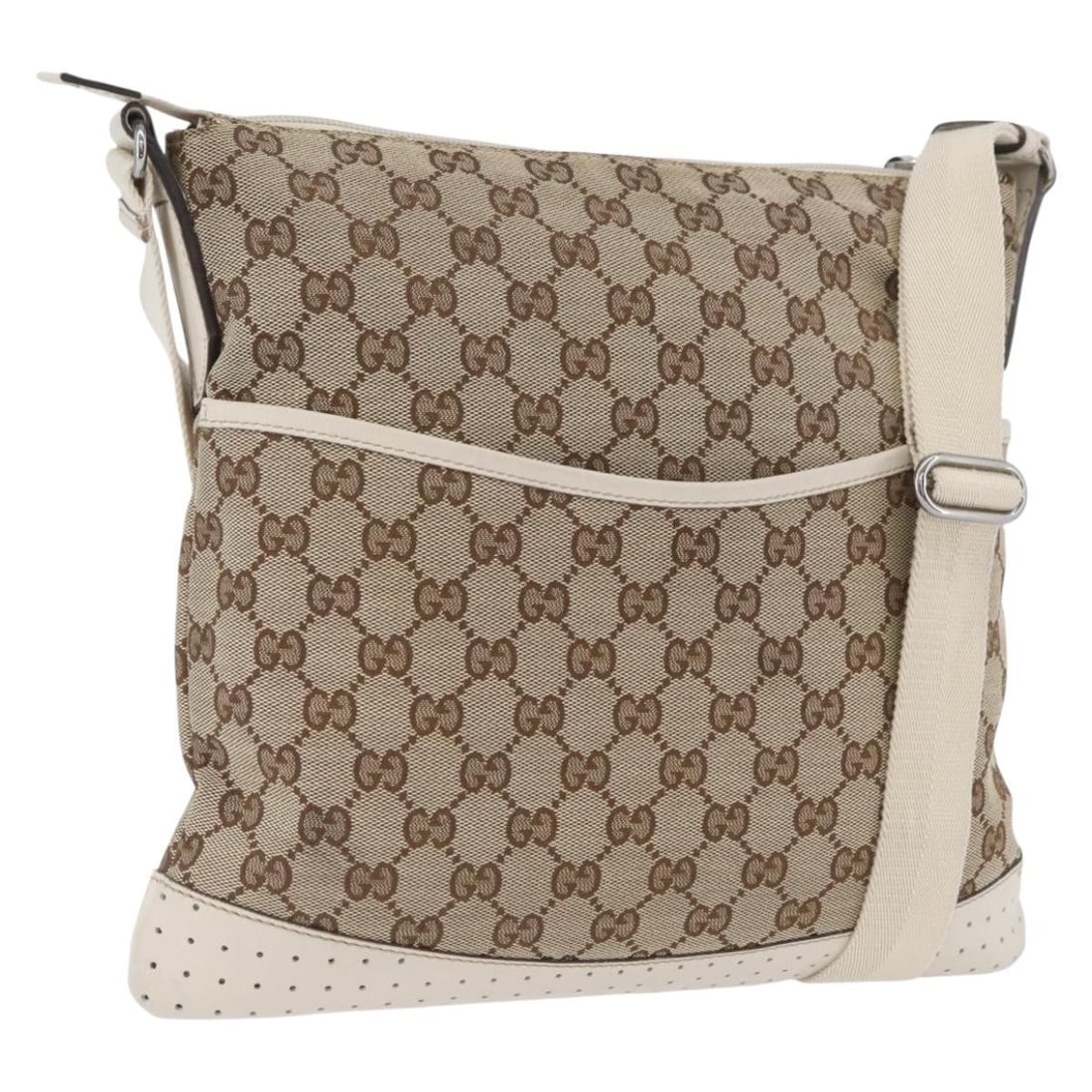 Beige Silver GG Canvas Shoulder Bag by Gucci Model 145857: Beige Silver GG Canvas Shoulder Bag by Gucci Model 145857 This is a Gucci GG Canvas shoulder bag in beige and silver tones, designed for women. Crafted in Italy, it features the signature GG canvas ex