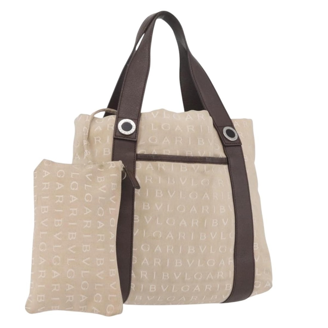 BVLGARI Canvas Tote Bag in Beige and Silver with Pouch: BVLGARI Canvas Tote Bag in Beige and Silver with Pouch This BVLGARI tote bag is crafted from beige canvas with silver accents and features a spacious interior suitable for daily use. Designed for wome