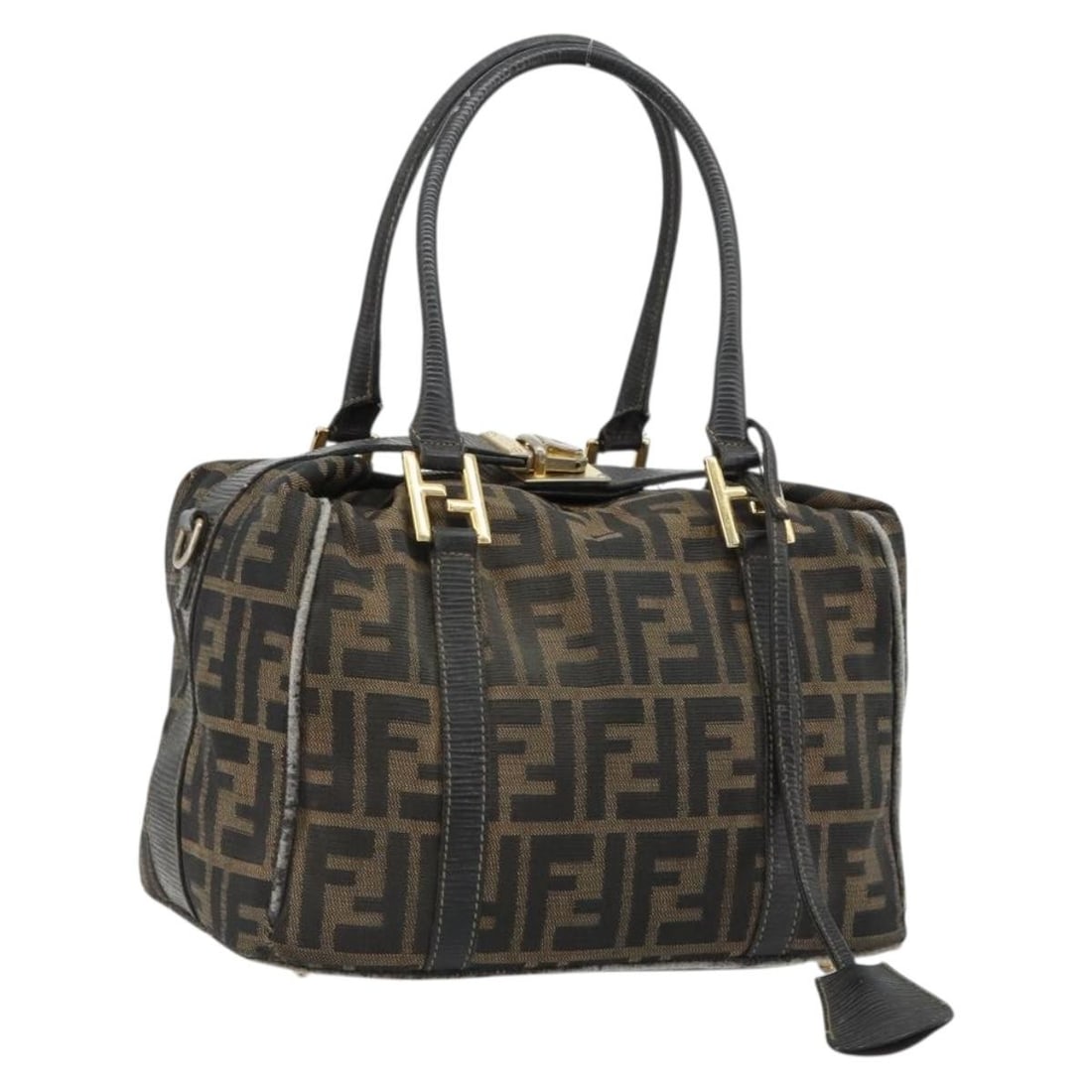 FENDI Zucca Canvas Handbag Black Brown Italy: FENDI Zucca Canvas Handbag Black Brown Italy Fendi hand bag in Zucca canvas with a black and brown exterior. Made in Italy, this women's bag measures approximately 25 cm wide, 16 cm high, and 16 cm de
