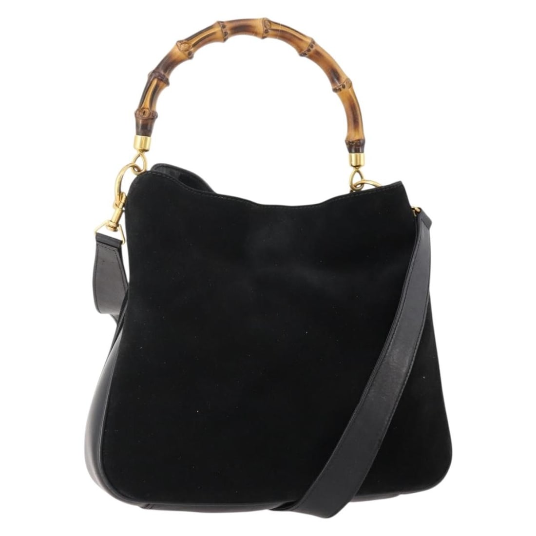 Gucci Bamboo suede black gold shoulder bag with strap 001 2404 1638 0: Gucci Bamboo suede black gold shoulder bag with strap 001 2404 1638 0 This GUCCI Bamboo Shoulder Bag is crafted from black suede with gold-tone accents and features a 2-way carry design, allowing it t