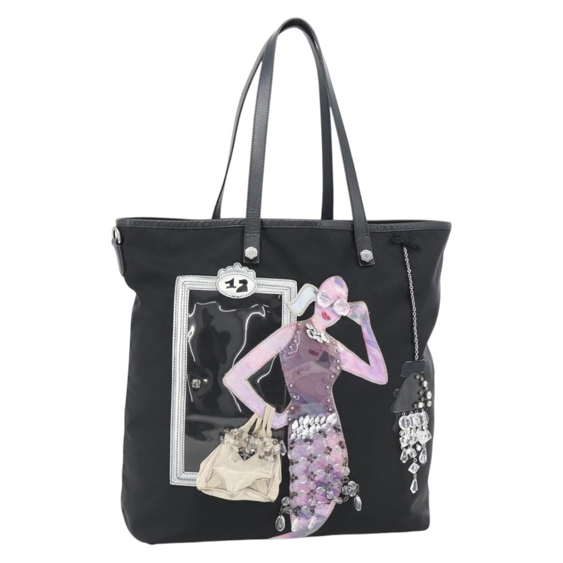 Prada Nylon Tote Bag Black Silver Womens Italy: Prada Nylon Tote Bag Black Silver Womens Italy Prada tote bag in black and silver nylon, made in Italy. This women's bag features a tote silhouette with a handle drop of approximately 22 cm (8.7 in). 