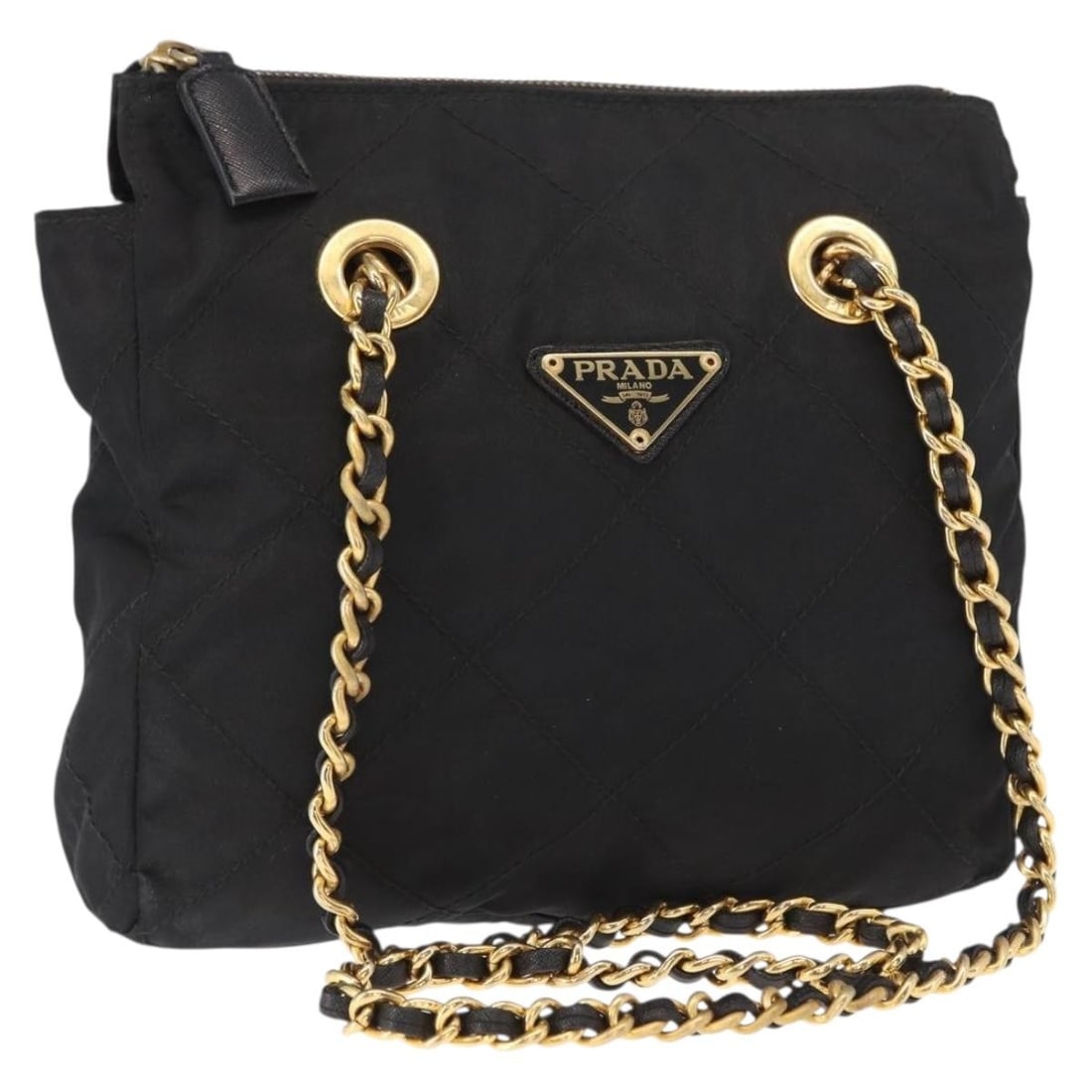 Prada Black Nylon Chain Strap Shoulder Bag Gold Tone with Card: Prada Black Nylon Chain Strap Shoulder Bag Gold Tone with Card Prada chain shoulder bag in black nylon with gold-tone color details. It is a shoulder bag made in Italy and comes with a guarantee card.