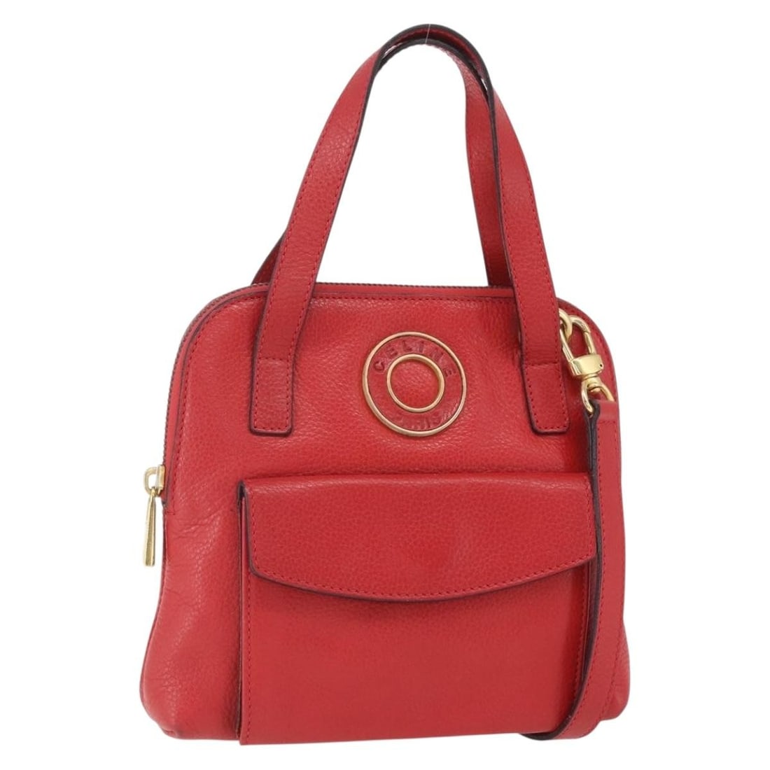 Celine Red Leather Circle 2way Handbag with Gold Tone Accents and Strap: Celine Red Leather Circle 2way Handbag with Gold Tone Accents and Strap This CELINE Circle handbag offers a 2-way design crafted from red leather with gold-tone accents. It features both a top handle 