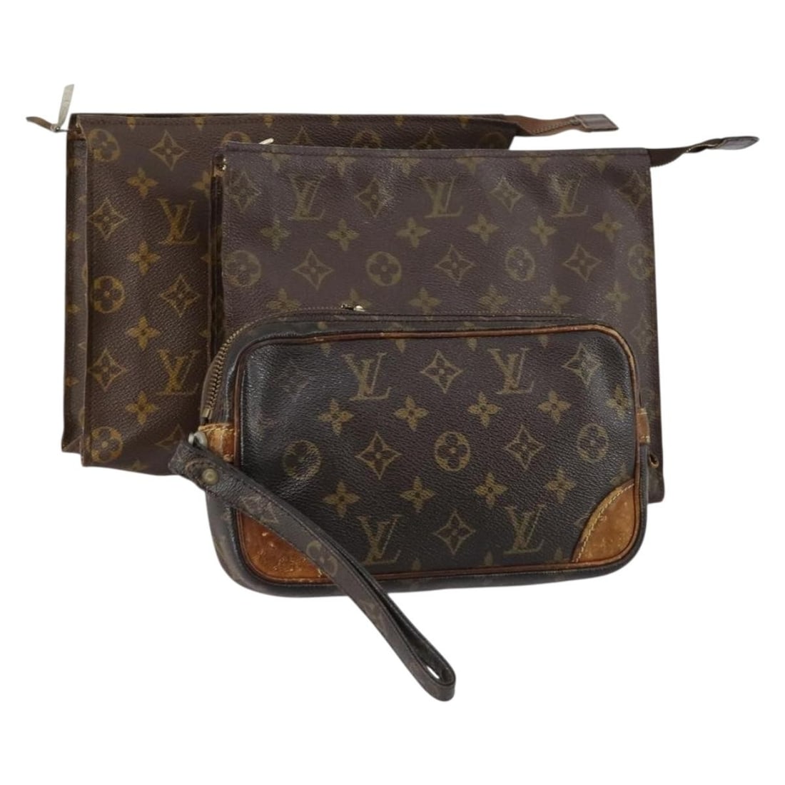 3 Piece Louis Vuitton Monogram Canvas Clutch Bag Lot: 3 Piece Louis Vuitton Monogram Canvas Clutch Bag Lot Louis Vuitton monogram clutch bag set in monogram canvas. The listing notes a heavily used condition with visible wear throughout, including out of