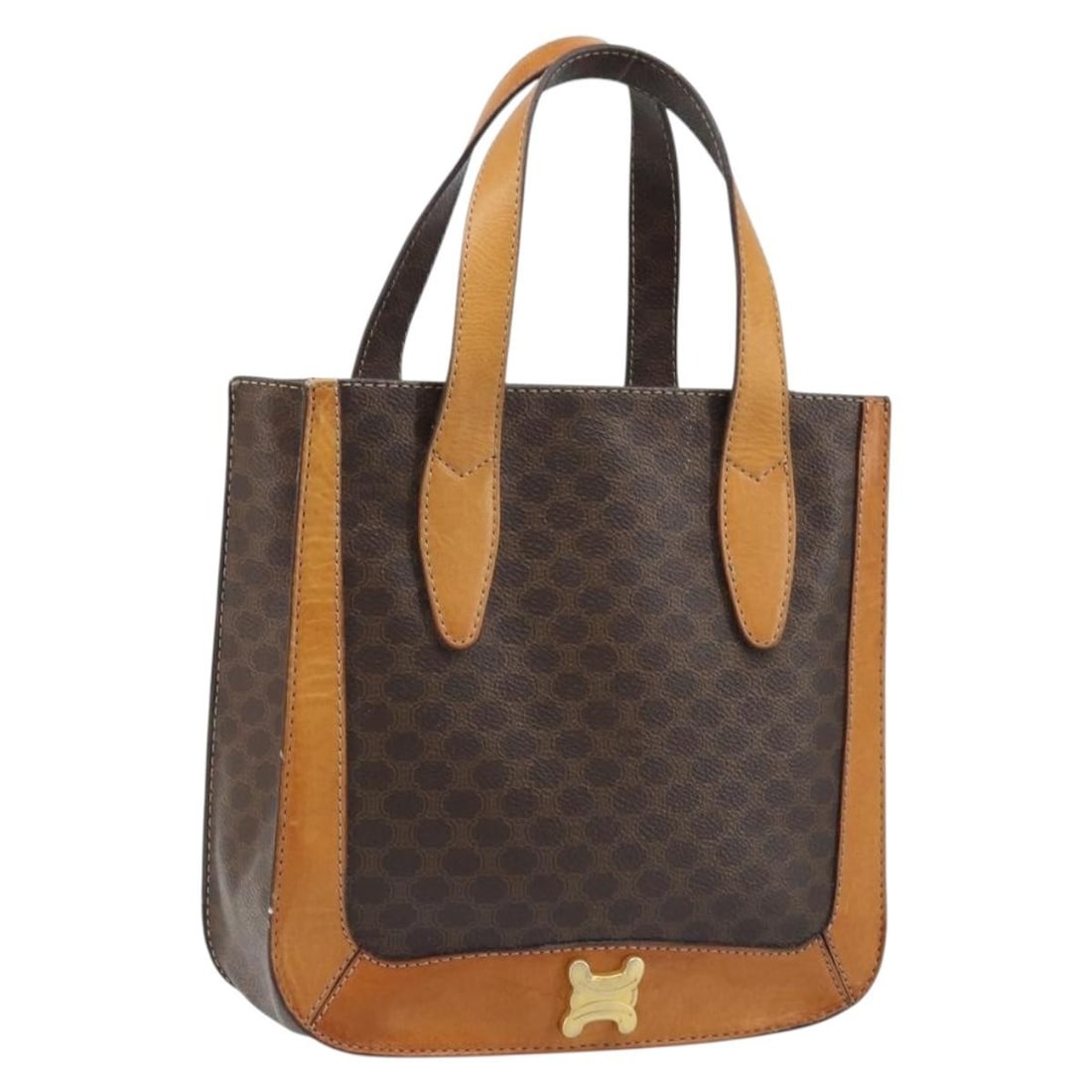 Celine Macadam Brown PVC Leather Canvas Handbag Gold Tone Hardware: Celine Macadam Brown PVC Leather Canvas Handbag Gold Tone Hardware This CELINE Macadam Canvas hand bag features PVC leather in brown and gold tones. Designed for women, it is made in Italy and showcas