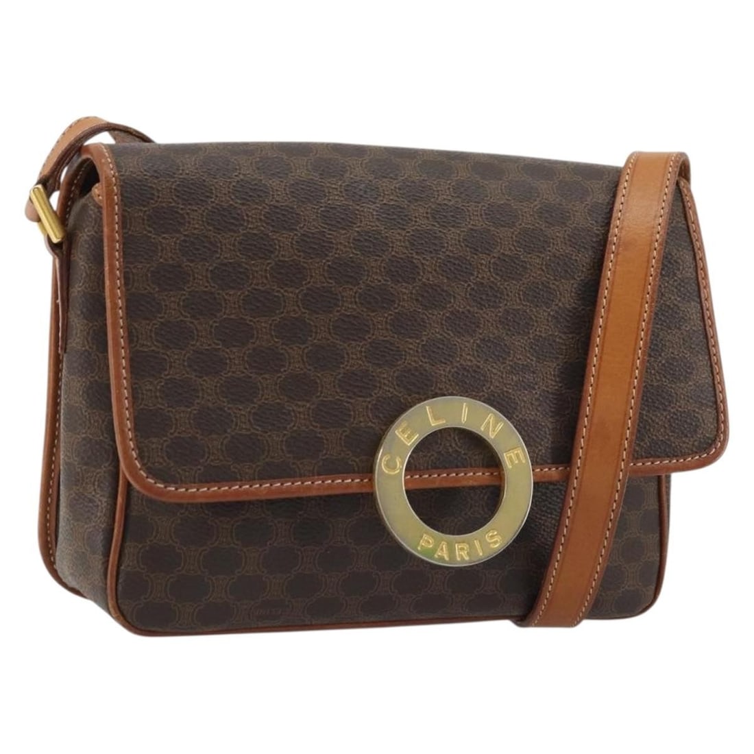CELINE Macadam Circle Shoulder Bag Brown PVC Leather: CELINE Macadam Circle Shoulder Bag Brown PVC Leather Celine Macadam canvas circle shoulder bag in brown with gold-tone accents, crafted with PVC leather trim. Made in Italy, this women's shoulder bag 