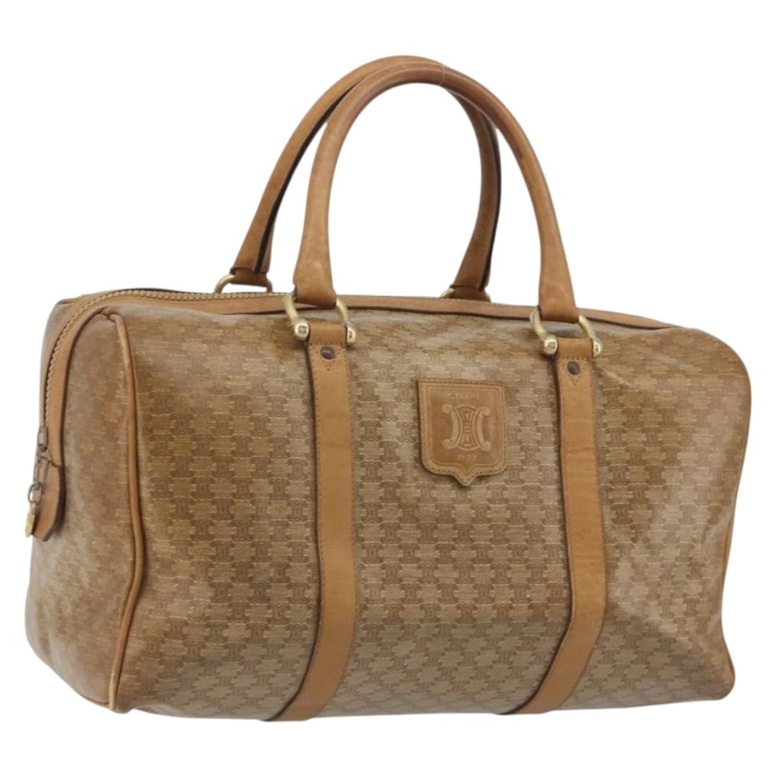 CELINE Macadam Canvas Hand Bag Beige Gold PVC Leather Italy: CELINE Macadam Canvas Hand Bag Beige Gold PVC Leather Italy CELINE handbag in PVC leather and Macadam canvas, presented in beige and gold. Made in Italy, this women's hand bag measures approximately 3