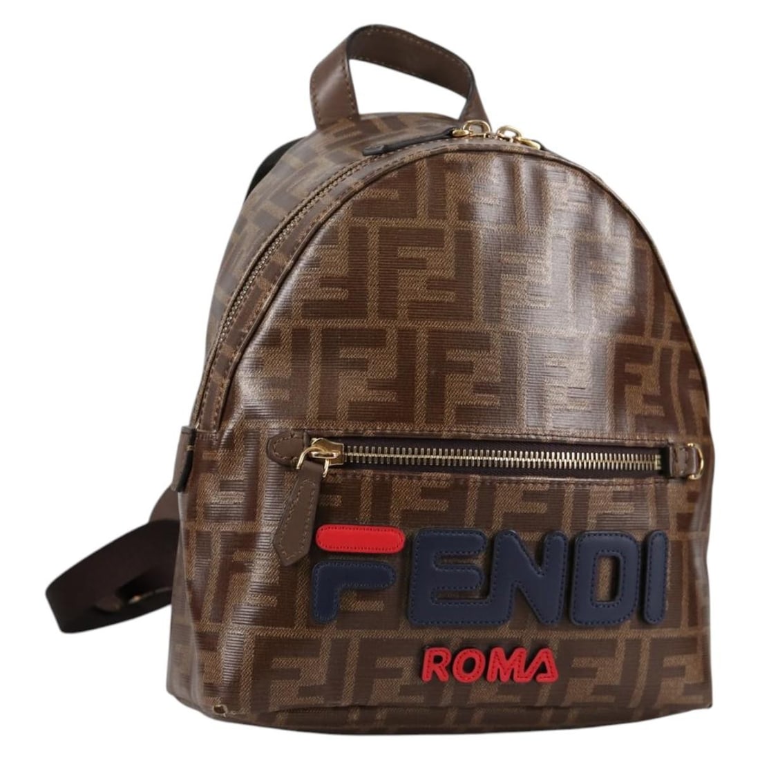 FENDI FILA Collaboration Zucca Canvas PVC Leather Backpack Brown Gold: FENDI FILA Collaboration Zucca Canvas PVC Leather Backpack Brown Gold Fendi Zucca Canvas backpack in brown and gold, made in Italy from PVC leather and Zucca canvas. This women's backpack is part of t