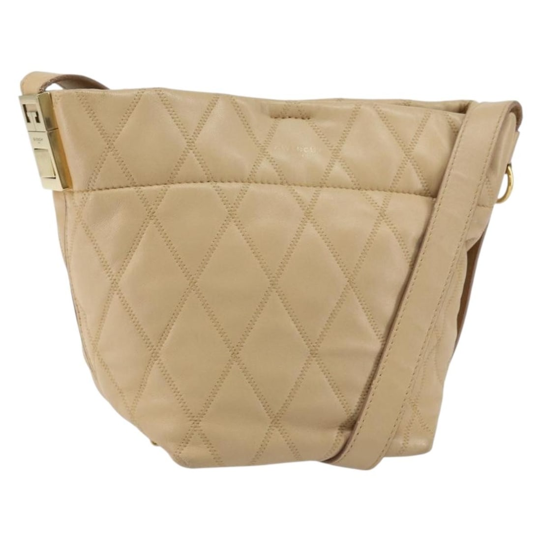 GIVENCHY Beige Gold Leather Shoulder Bag Auth 149731: GIVENCHY Beige Gold Leather Shoulder Bag Auth 149731 This GIVENCHY shoulder bag is a sophisticated accessory crafted from premium leather in a stylish beige and gold color combination. With approximat