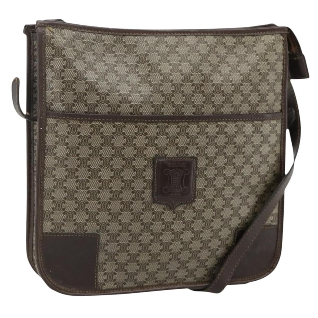 CELINE Macadam Canvas Beige Gold Shoulder Bag: CELINE Macadam Canvas Beige Gold Shoulder Bag This CELINE shoulder bag features the signature Macadam canvas with beige and gold tones, crafted from PVC leather. Designed for women, it offers a classi