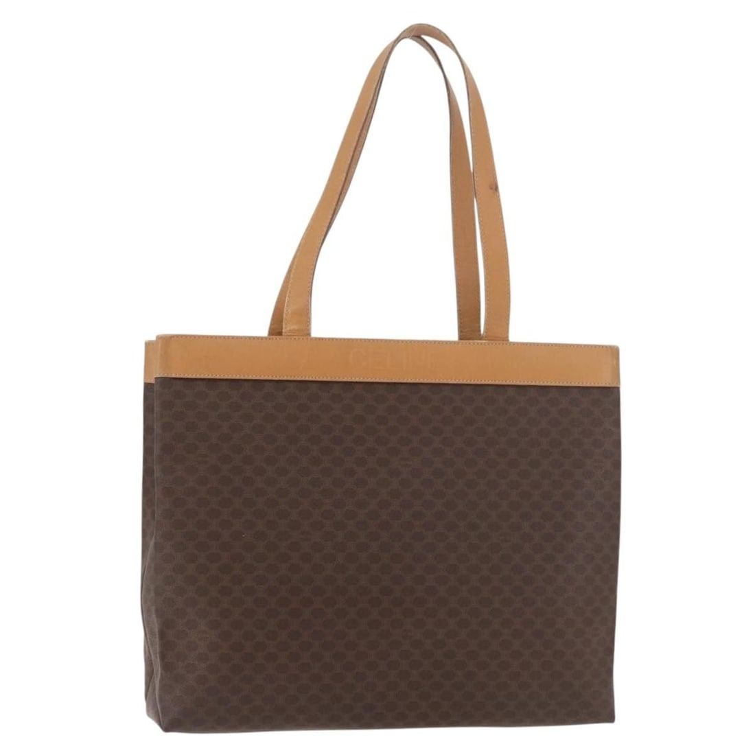 CELINE Macadam Tote Bag Brown PVC Leather Gold Tone Hardware: CELINE Macadam Tote Bag Brown PVC Leather Gold Tone Hardware A CELINE Macadam canvas tote bag in brown and gold, made from PVC leather and Macadam canvas. This pre-owned tote is made in Italy and come