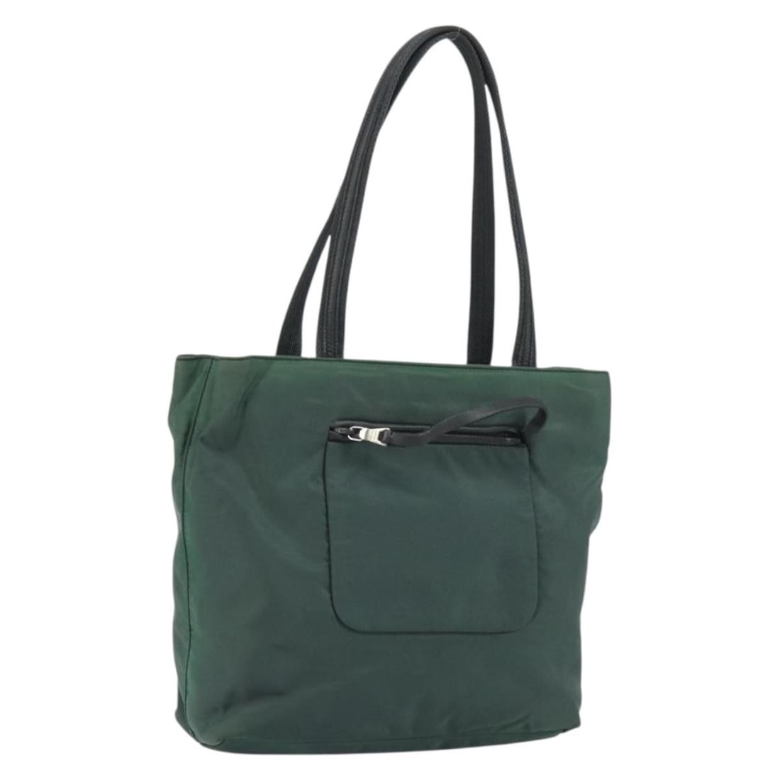 Green Nylon Prada Handbag with Silver Accents Made in Italy: Green Nylon Prada Handbag with Silver Accents Made in Italy This PRADA hand bag features a green and silver nylon exterior with silver-tone hardware. Designed for everyday use, it offers a spacious ma