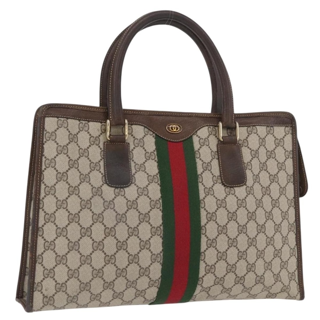 GUCCI 010 378 GG Supreme Sherry Web PVC Hand Bag: GUCCI 010 378 GG Supreme Sherry Web PVC Hand Bag This Gucci hand bag is made from PVC leather and GG canvas in beige, gold, and red. It is an Italy-made women's bag from the Sherry Line, with approxim
