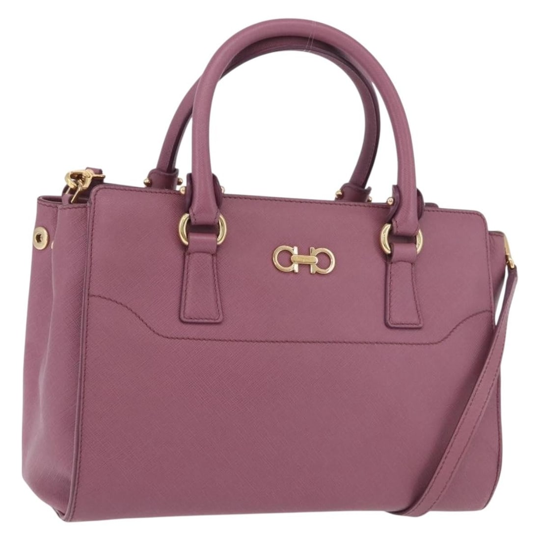 Salvatore Ferragamo Gancini Purple Leather 2way Handbag with Strap: Salvatore Ferragamo Gancini Purple Leather 2way Handbag with Strap Salvatore Ferragamo Gancini 2-way hand bag in purple leather with gold-tone hardware. Made in Italy, it comes with a dust bag and sho
