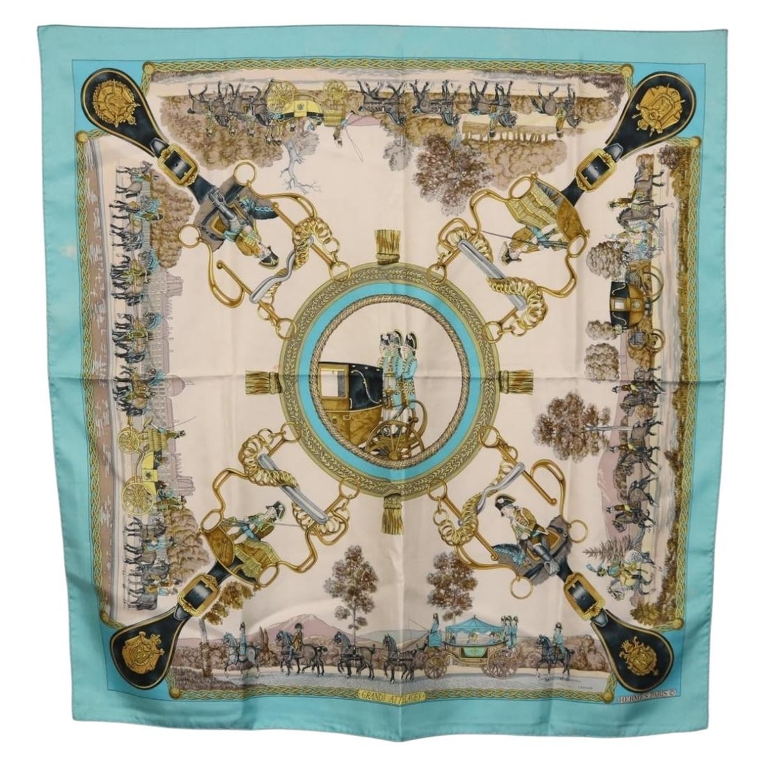 Hermes Carre 90 Silk Scarf Light Blue France 90cm: Hermes Carre 90 Silk Scarf Light Blue France 90cm Hermes Carre 90 scarf in light blue silk, made in France. This scarf measures approximately 90 cm x 90 cm (35.4 x 35.4 inches). It is offered as the i