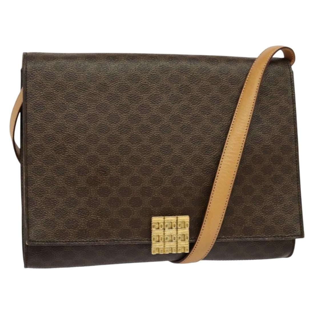 Celine Macadam PVC Canvas Shoulder Bag Brown Gold Tone: Celine Macadam PVC Canvas Shoulder Bag Brown Gold Tone Brown and gold CELINE shoulder bag made from PVC leather and Macadam canvas. It measures approximately W26 x H19 x D5 cm, with a shoulder drop of
