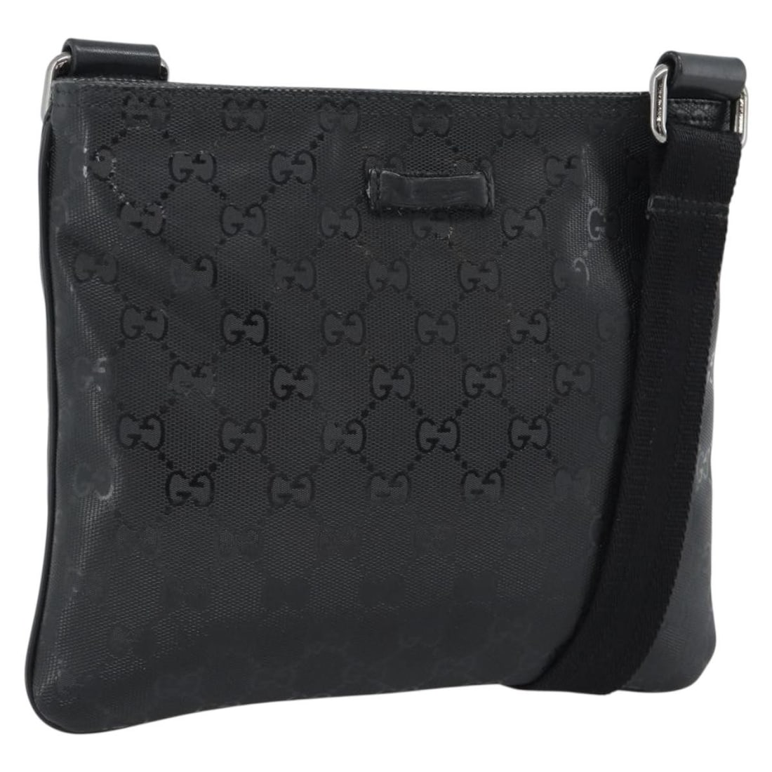 Gucci GG Canvas PVC Leather Shoulder Bag Black Silver: Gucci GG Canvas PVC Leather Shoulder Bag Black Silver GUCCI shoulder bag in black and silver, made from PVC leather and GG canvas. It is a women's shoulder bag with an adjustable strap drop and was ma
