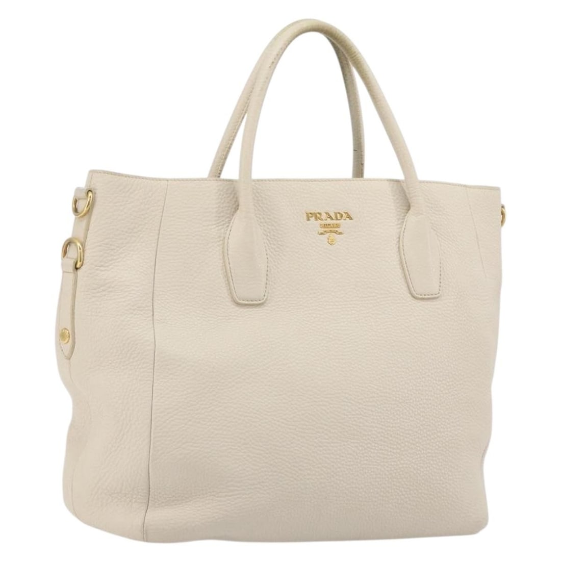 PRADA Vitello Daino 2way Leather Handbag White Gold Tone: PRADA Vitello Daino 2way Leather Handbag White Gold Tone Prada 2-way handbag in white and gold leather, made in Italy. This women's hand bag features a handle drop of approximately 5.1 inches (13 cm) 