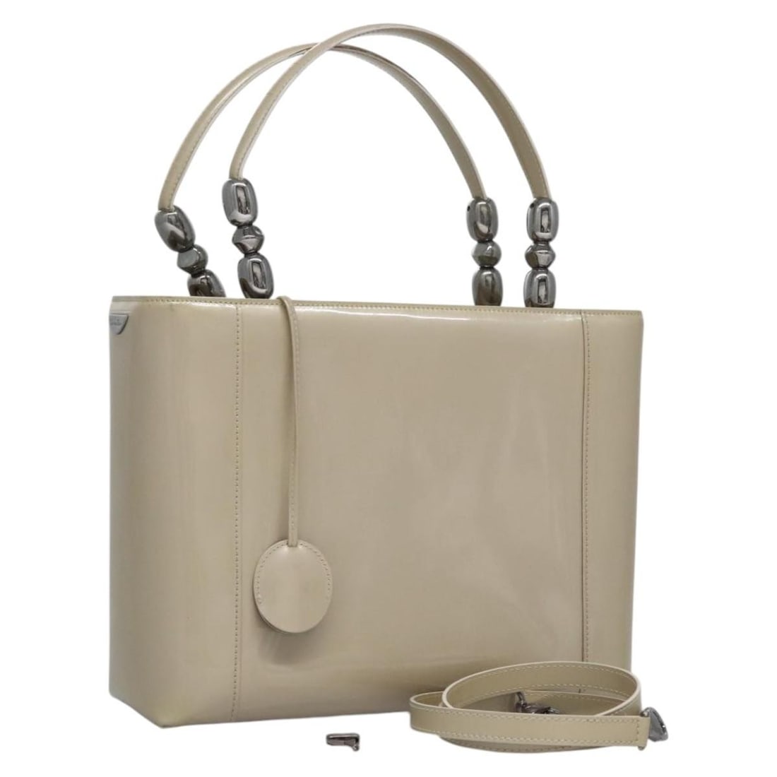 Christian Dior Maris 2 Way Hand Bag Beige Patent Leather MA-0949: Christian Dior Maris 2 Way Hand Bag Beige Patent Leather MA-0949 Christian Dior Maris Pearl Bag in beige patent leather, presented as a 2-way handbag. It comes with the original accessories listed, in