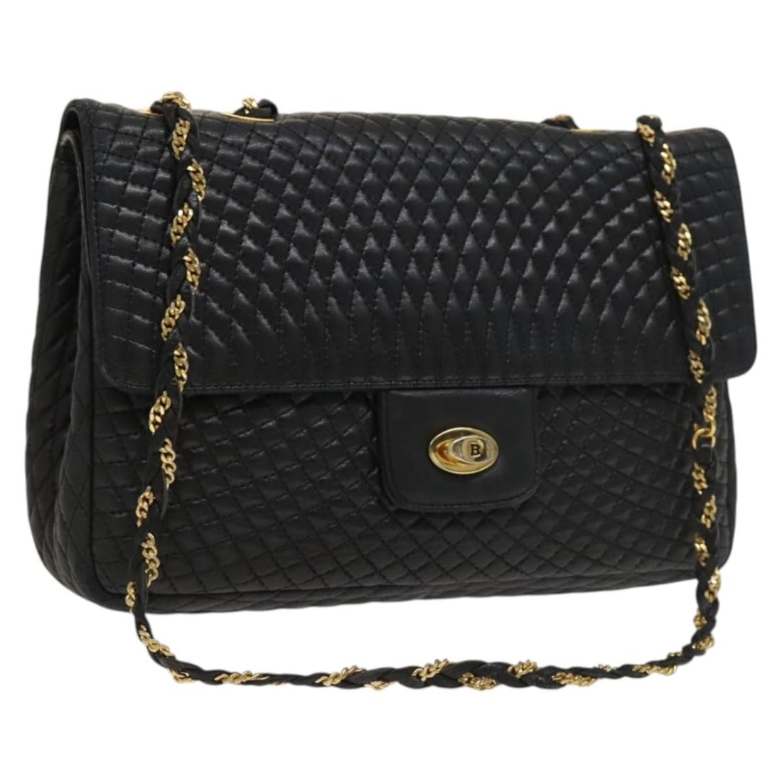BALLY Black Gold Leather Chain Shoulder Bag Italy Auth 133026: BALLY Black Gold Leather Chain Shoulder Bag Italy Auth 133026 This BALLY Chain Shoulder Bag is crafted from premium leather and features a chic black and gold exterior. With an approximate height of 7