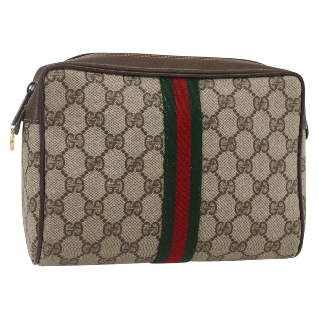 GUCCI Sherry Line GG Supreme Beige Gold Clutch Bag: GUCCI Sherry Line GG Supreme Beige Gold Clutch Bag This GUCCI GG Supreme Web Sherry Line clutch bag is crafted from beige and gold PVC leather with GG canvas accents. Made in Italy, it features a comp