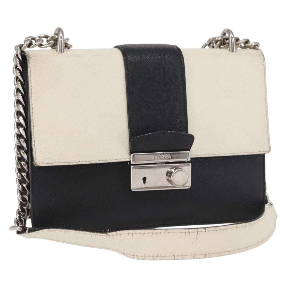 PRADA White Leather Chain Shoulder Bag Silver Tone: PRADA White Leather Chain Shoulder Bag Silver Tone Prada chain shoulder bag in white leather with silver-tone metal fittings. Made in Romania, this shoulder bag measures approximately W22 x H16 x D7 c