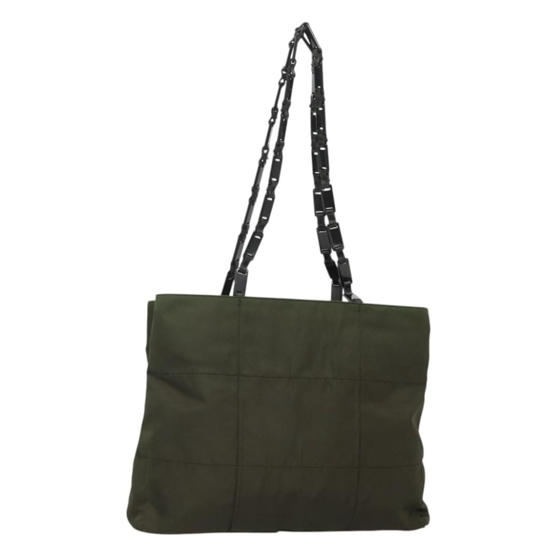 Prada Khaki Nylon Womens Shoulder Bag with Silver Accents: Prada Khaki Nylon Womens Shoulder Bag with Silver Accents This PRADA shoulder bag is crafted from khaki nylon with silver-tone accents, designed for women. The bag features a practical shoulder strap 