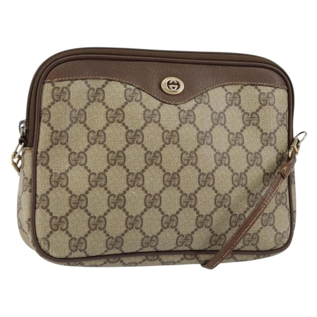 GUCCI GG Supreme Beige Gold PVC Shoulder Bag 97 02 068 Auth: GUCCI GG Supreme Beige Gold PVC Shoulder Bag 97 02 068 Auth This GUCCI GG Supreme Shoulder Bag combines style and functionality with its elegant PVC leather exterior in a sophisticated beige and gold 