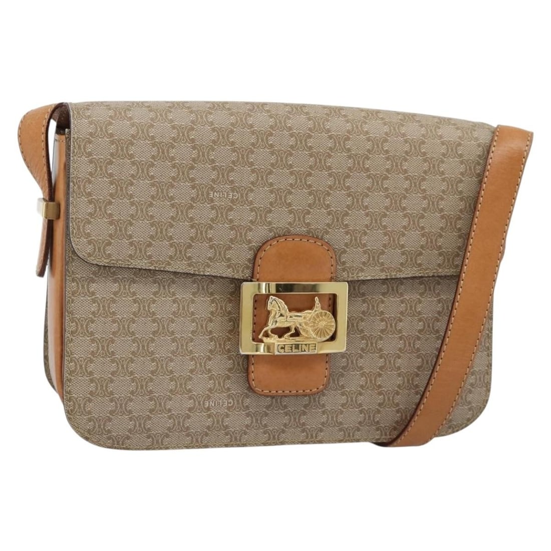 Celine Macadam PVC Canvas Shoulder Bag Beige Gold Tone: Celine Macadam PVC Canvas Shoulder Bag Beige Gold Tone A beige and gold shoulder bag made from PVC leather and Macadam canvas, crafted in Italy. It features a shoulder strap with an approximate drop o