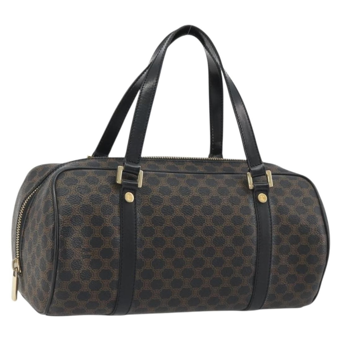 CELINE Macadam Mini Boston Bag Black PVC Leather Gold Tone: CELINE Macadam Mini Boston Bag Black PVC Leather Gold Tone A CELINE Macadam Canvas Mini Boston Bag in black and gold, made in Italy. This Boston bag is crafted from PVC leather and Macadam canvas, wit