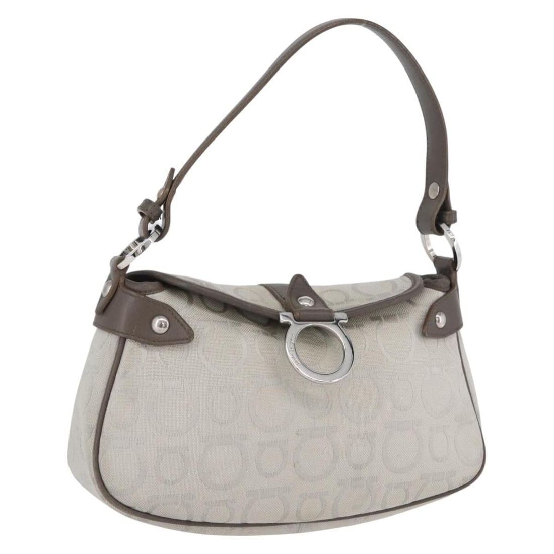 Gancini Canvas Gray Silver Handbag by Salvatore Ferragamo with Dust Bag: Gancini Canvas Gray Silver Handbag by Salvatore Ferragamo with Dust Bag This Salvatore Ferragamo Gancini handbag features a gray and silver canvas exterior with silver-tone accents. Designed for women