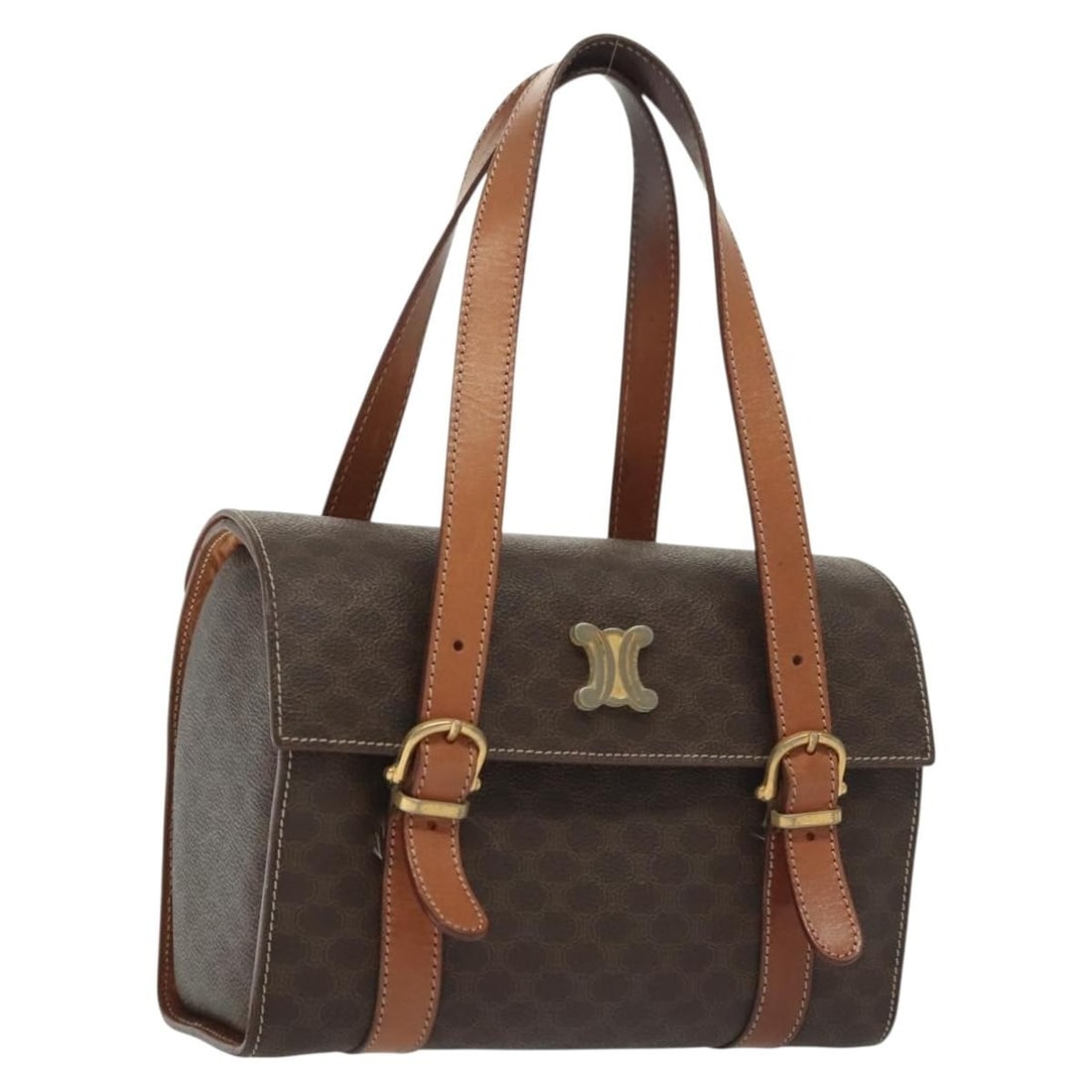 CELINE Macadam Canvas Hand Bag PVC Leather Brown Gold Made in Italy: CELINE Macadam Canvas Hand Bag PVC Leather Brown Gold Made in Italy This authentic CELINE Macadam Canvas Hand Bag showcases a stylish combination of brown PVC leather and gold accents. Made in Italy, 
