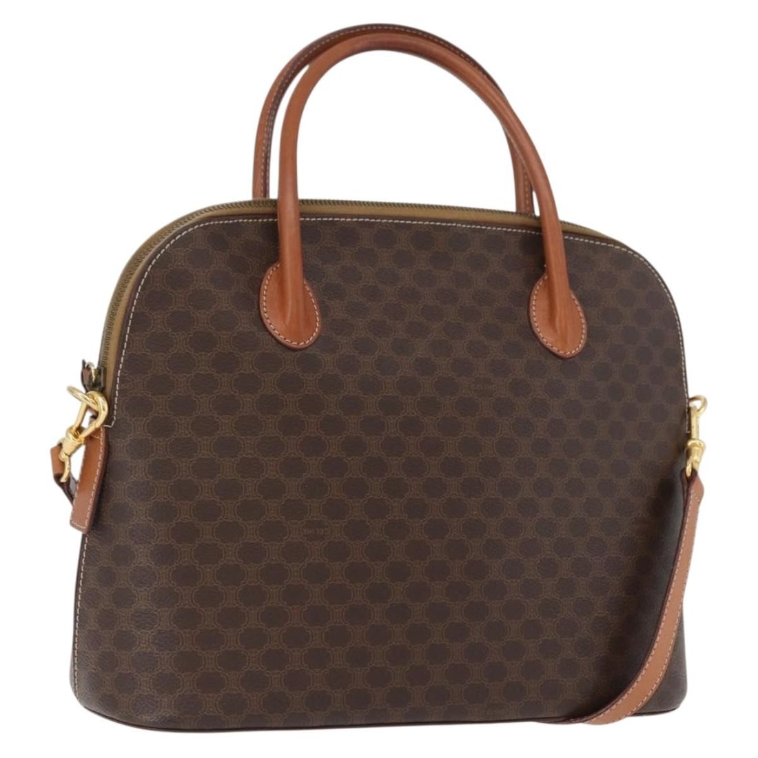 CELINE Macadam 2way Brown PVC Leather Handbag with Shoulder Strap: CELINE Macadam 2way Brown PVC Leather Handbag with Shoulder Strap Celine Macadam canvas 2-way hand bag crafted in PVC leather with a brown and gold colorway. Made in Italy, this women's bag includes a