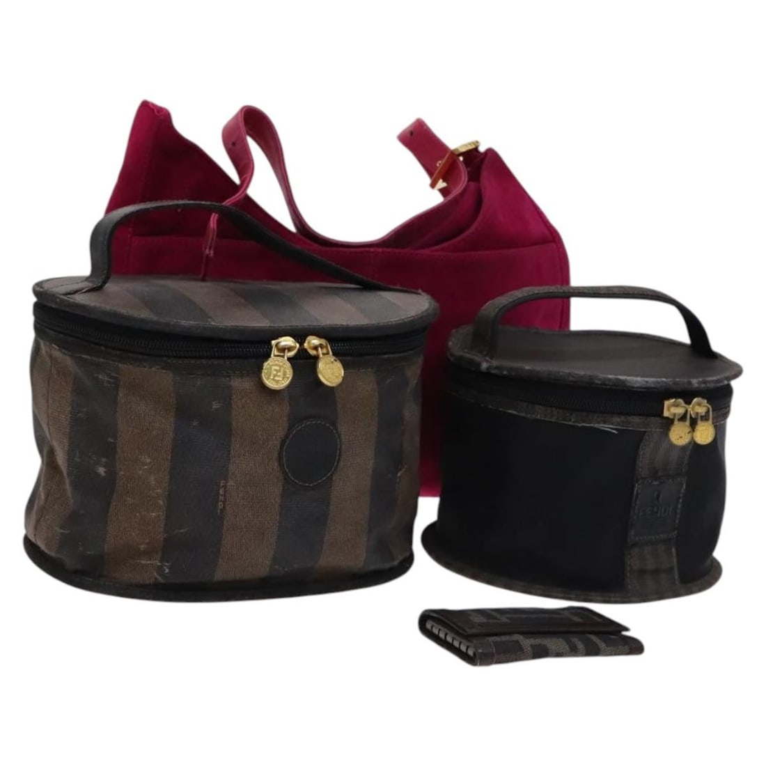 FENDI Zucca Canvas Suede Shoulder Bag with Pouch and Mirror: FENDI Zucca Canvas Suede Shoulder Bag with Pouch and Mirror This FENDI shoulder bag is crafted from a combination of suede and Zucca canvas in pink, brown, and black tones. Designed for women, it feat