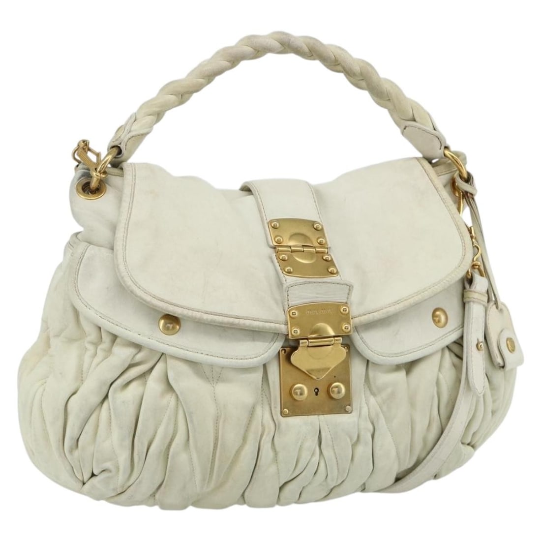 Miu Miu Matelasse Leather Shoulder Bag White with Gold Tone: Miu Miu Matelasse Leather Shoulder Bag White with Gold Tone Miu Miu matelasse shoulder bag in leather, presented in white with gold-tone details. It includes a key and clochette, and was made in Turke