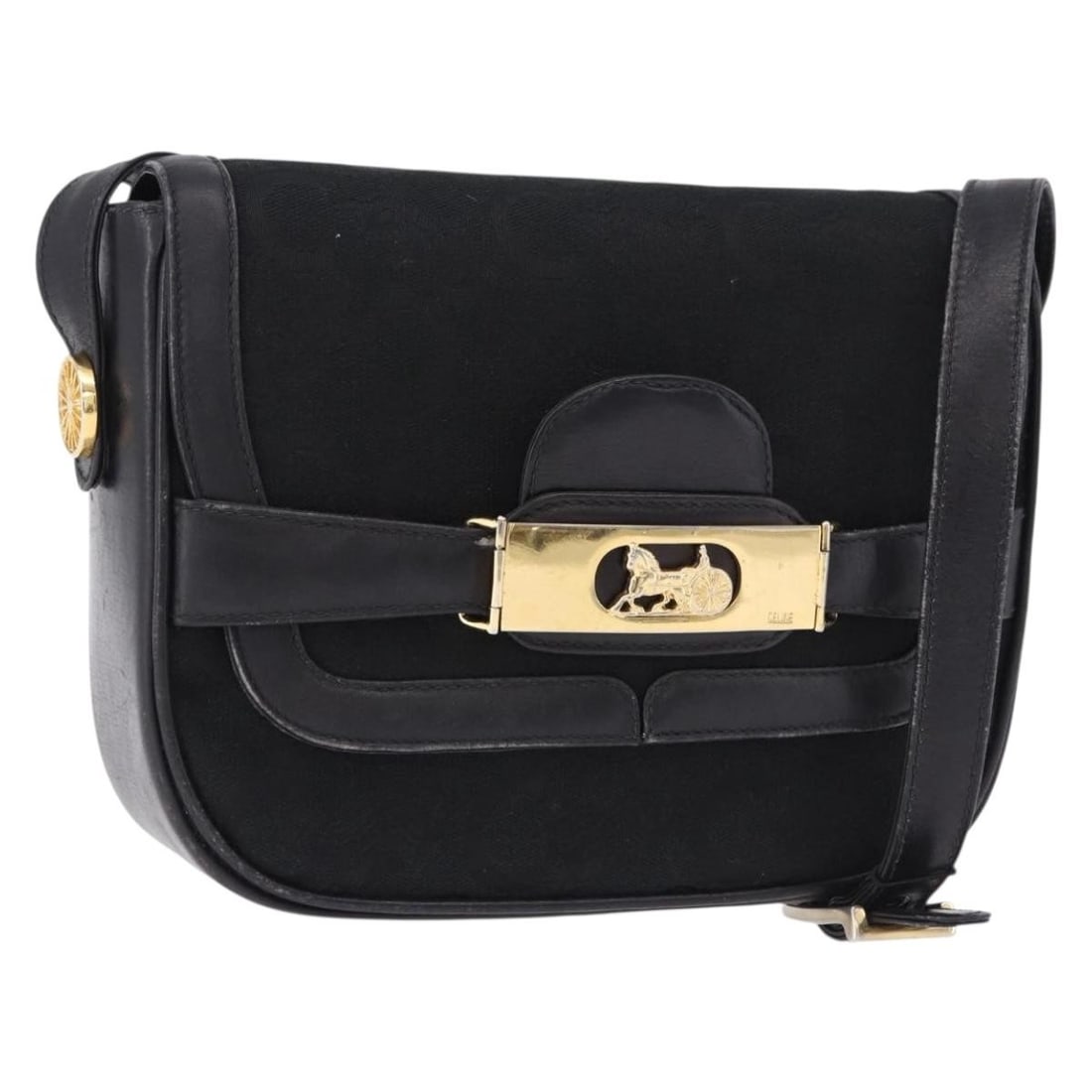 Celine Horse Carriage Saluki C Canvas Shoulder Bag Black Gold Tone: Celine Horse Carriage Saluki C Canvas Shoulder Bag Black Gold Tone A CELINE C Saluki Horse Carriage shoulder bag in black with gold tone accents, made from canvas. It features a shoulder strap with an