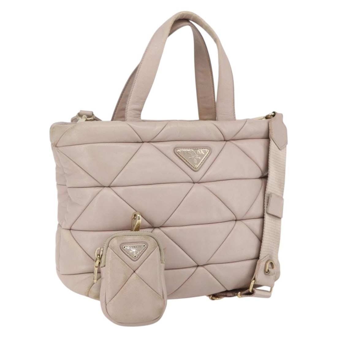 Prada Pink Leather 2way Handbag with Gold Accents and Shoulder Strap: Prada Pink Leather 2way Handbag with Gold Accents and Shoulder Strap This PRADA handbag is crafted from pink and gold leather and designed for versatile use with both top handles and a detachable shou