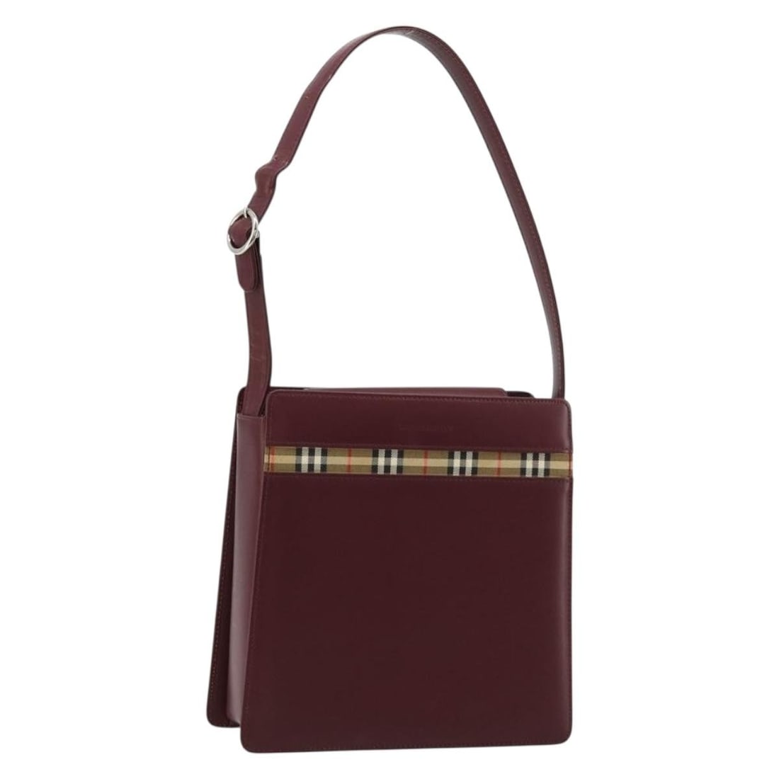 Burberry leather Nova Check bordeaux silver shoulder bag: Burberry leather Nova Check bordeaux silver shoulder bag This BURBERRY Nova Check shoulder bag features a Bordeaux and silver color scheme with a classic leather exterior. Designed for women, the bag 